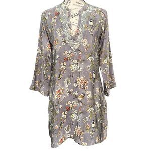 Amaya 100% Silk Floral Embroidered Split V-Neck Long Sleeve Mini Dress Size 38